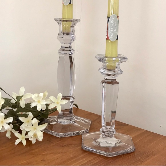 TWO GLASS CANDLE STICKS WITH 12” TAPERED CANDLES